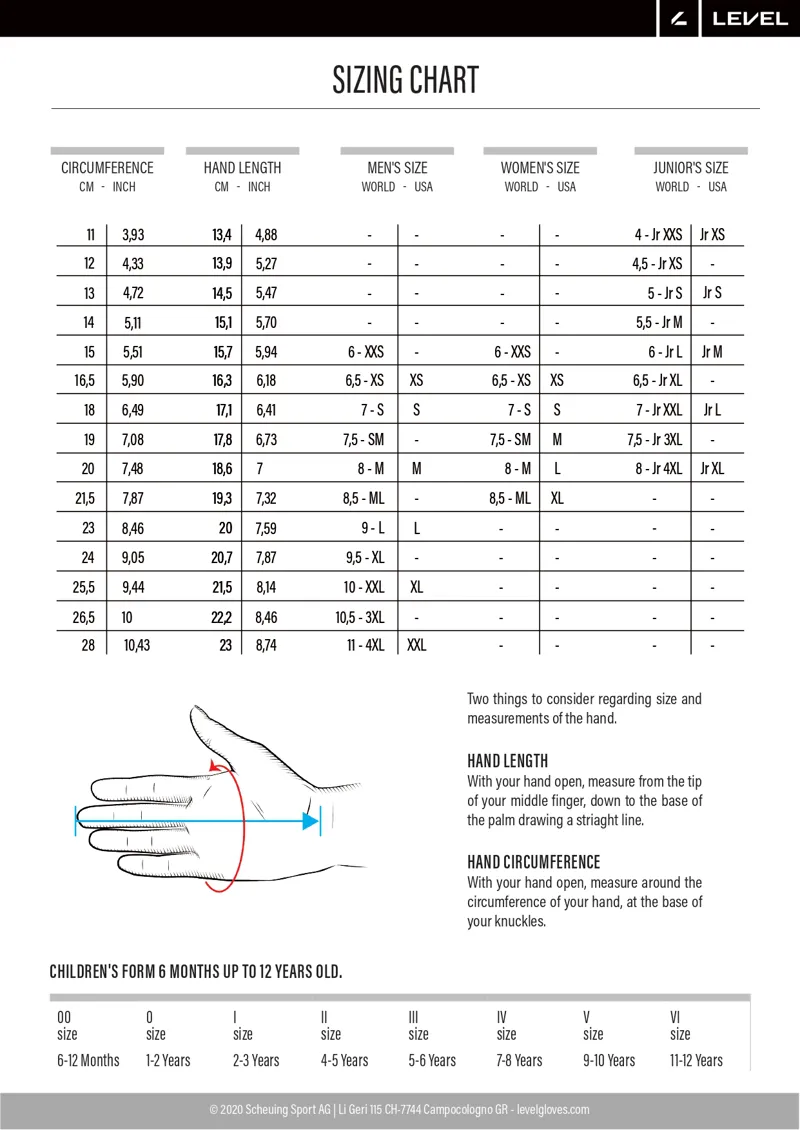 Level Gloves and Mittens Sizing Guide