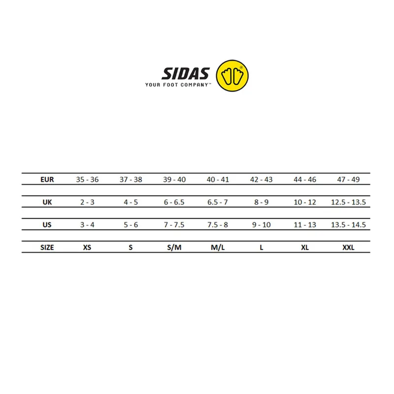 Sidas Sock Sizing Chart