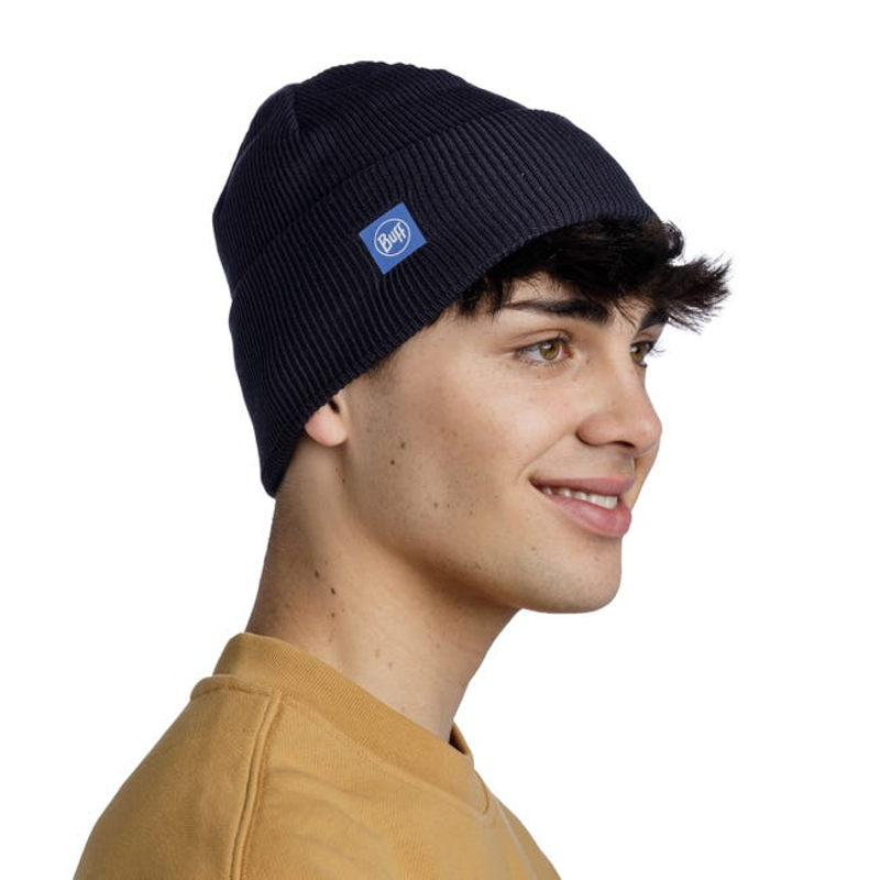 Buff Crossknit Beanie in Solid Night Blue-3