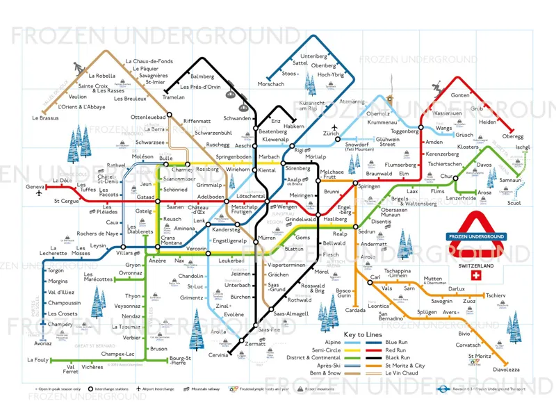 Frozen Underground Switzerland Swiss Ski Resorts Map A3 Poster