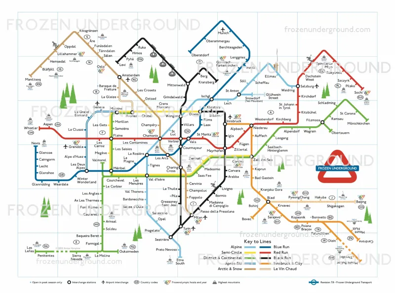 Frozen Underground Central Ski Resorts Piste Map Worldwide A3 Poster