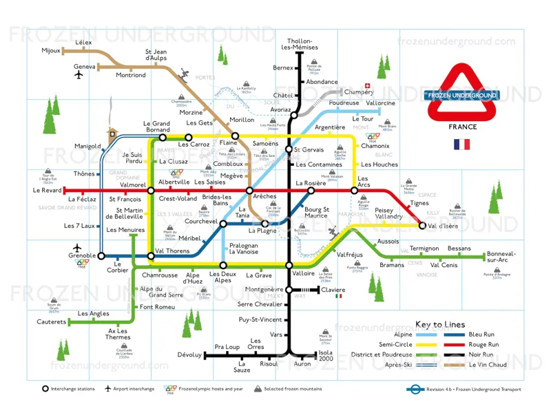 Frozen Underground France Ski Resorts Map A3 Poster