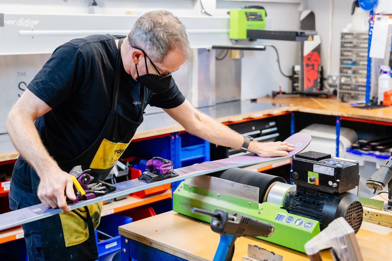 Dropping skis in at The Skiers Lounge workshop bench